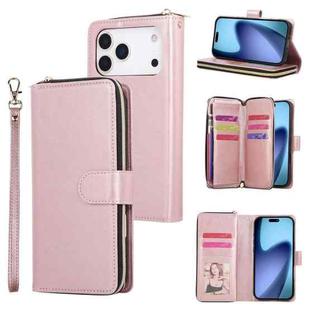For iPhone 17 Pro Max 9 Card Slots Zipper Wallet Bag Leather Phone Case(Rose Gold)