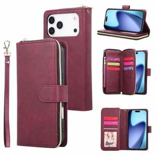 For iPhone 17 Pro Max 9 Card Slots Zipper Wallet Bag Leather Phone Case(Wine Red)