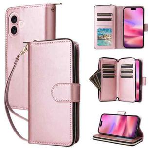 For iPhone 17 9 Card Slots Zipper Wallet Bag Leather Phone Case(Rose Gold)