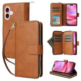 For iPhone 17 9 Card Slots Zipper Wallet Bag Leather Phone Case(Brown)