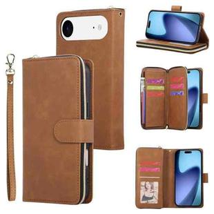 For iPhone 17 Air 9 Card Slots Zipper Wallet Bag Leather Phone Case(Brown)