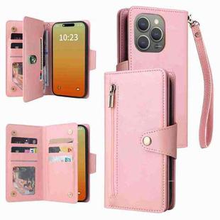 For iPhone 15 Pro Max Rivet Buckle 9 Cards Three Fold Leather Phone Case(Rose Gold)