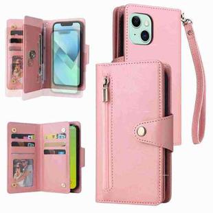 For iPhone 15 Plus Rivet Buckle 9 Cards Three Fold Leather Phone Case(Rose Gold)