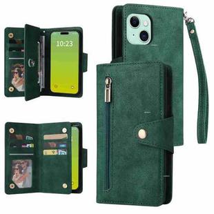 For iPhone 15 Plus Rivet Buckle 9 Cards Three Fold Leather Phone Case(Green)