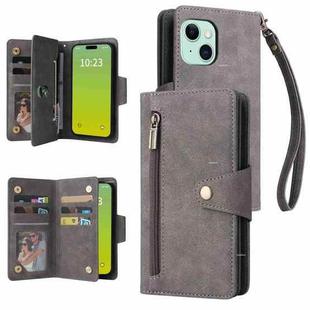 For iPhone 15 Plus Rivet Buckle 9 Cards Three Fold Leather Phone Case(Grey)