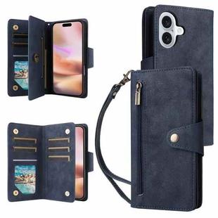 For iPhone 16 Rivet Buckle 9 Cards Three Fold Leather Phone Case(Blue)