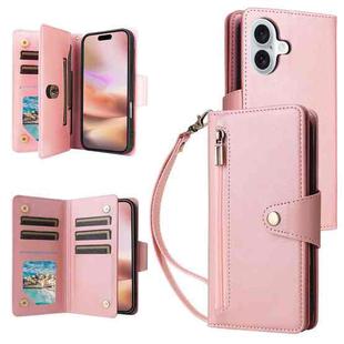 For iPhone 16 Plus Rivet Buckle 9 Cards Three Fold Leather Phone Case(Rose Gold)