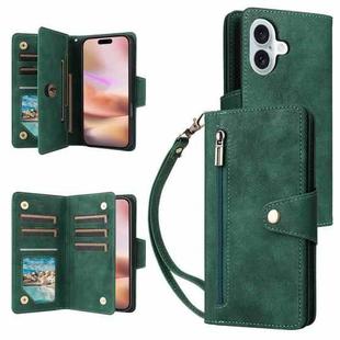 For iPhone 16 Plus Rivet Buckle 9 Cards Three Fold Leather Phone Case(Green)