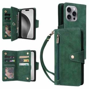 For iPhone 16 Pro Rivet Buckle 9 Cards Three Fold Leather Phone Case(Green)