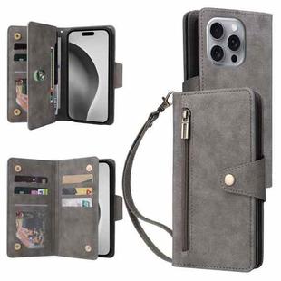 For iPhone 16 Pro Max Rivet Buckle 9 Cards Three Fold Leather Phone Case(Grey)