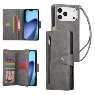For iPhone 17 Pro Max Rivet Buckle 9 Cards Three Fold Leather Phone Case(Grey)