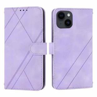For iPhone 15 Plus Embossed Line Leather Phone Case with Lanyard(Purple)
