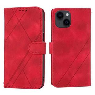 For iPhone 15 Plus Embossed Line Leather Phone Case with Lanyard(Red)