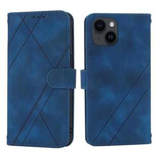 For iPhone 15 Plus Embossed Line Leather Phone Case with Lanyard(Blue)