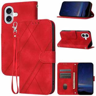 For iPhone 16 Embossed Line Leather Phone Case with Lanyard(Red)