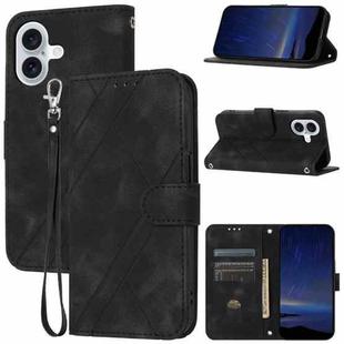 For iPhone 16 Embossed Line Leather Phone Case with Lanyard(Black)