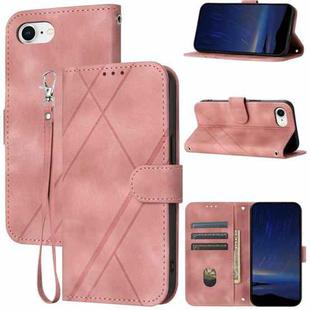 For iPhone SE 2024 Embossed Line Leather Phone Case with Lanyard(Pink)