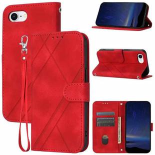 For iPhone SE 2024 Embossed Line Leather Phone Case with Lanyard(Red)