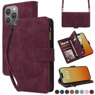 For iPhone 15 Pro Max Crossbody Multi-card Slot Wallet Zipper Leather Phone Case(Wine Red)