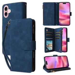 For iPhone 16 Crossbody Multi-card Slot Wallet Zipper Leather Phone Case(Dark Blue)