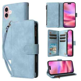 For iPhone 16 Plus Crossbody Multi-card Slot Wallet Zipper Leather Phone Case(Light Blue)