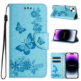 For iPhone 15 Plus Butterfly Embossed Flip Leather Phone Case(Blue)