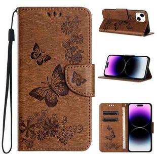For iPhone 15 Butterfly Embossed Flip Leather Phone Case(Brown)