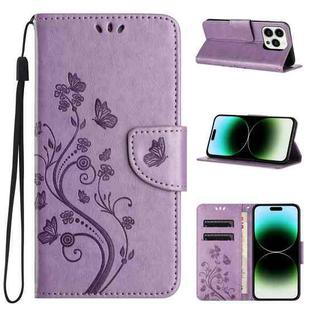 For iPhone 15 Pro Max Butterfly Flower Pattern Flip Leather Phone Case(Light Purple)