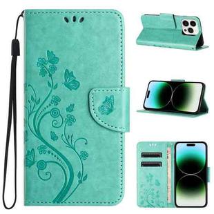 For iPhone 15 Pro Butterfly Flower Pattern Flip Leather Phone Case(Green)