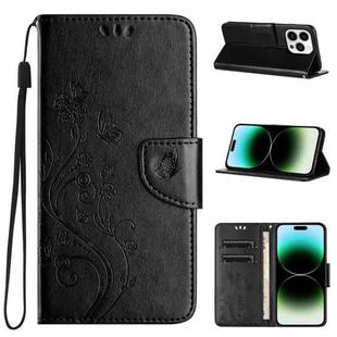 For iPhone 15 Pro Butterfly Flower Pattern Flip Leather Phone Case(Black)