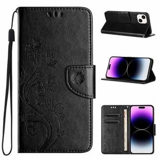 For iPhone 15 Plus Butterfly Flower Pattern Flip Leather Phone Case(Black)
