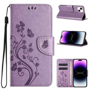 For iPhone 15 Plus Butterfly Flower Pattern Flip Leather Phone Case(Light Purple)