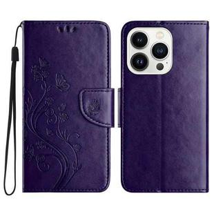 For iPhone 16 Pro Max Butterfly Flower Pattern Flip Leather Phone Case(Dark Purple)