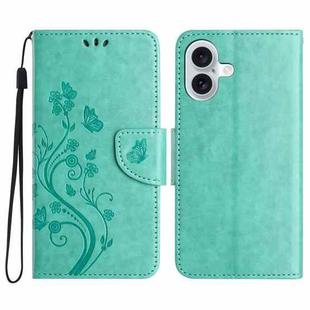 For iPhone 16 Plus Butterfly Flower Pattern Flip Leather Phone Case(Green)