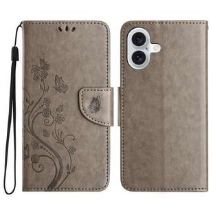 For iPhone 16 Plus Butterfly Flower Pattern Flip Leather Phone Case(Grey)