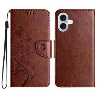 For iPhone 16 Butterfly Flower Pattern Flip Leather Phone Case(Brown)