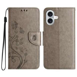 For iPhone 16 Butterfly Flower Pattern Flip Leather Phone Case(Grey)