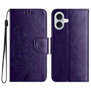 For iPhone 16 Butterfly Flower Pattern Flip Leather Phone Case(Dark Purple)