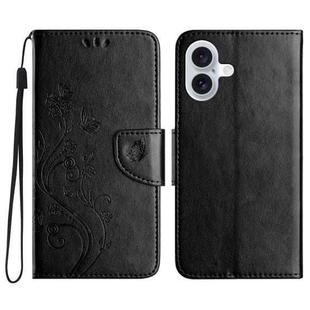 For iPhone 16 Butterfly Flower Pattern Flip Leather Phone Case(Black)