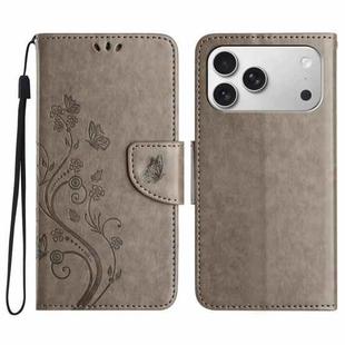 For iPhone 17 Pro Butterfly Flower Pattern Flip Leather Phone Case(Grey)