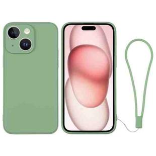 For iPhone 15 Plus Silicone Phone Case with Wrist Strap(Matcha Green)
