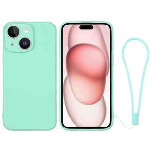 For iPhone 15 Plus Silicone Phone Case with Wrist Strap(Mint Green)