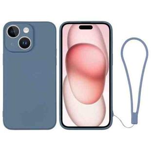 For iPhone 15 Plus Silicone Phone Case with Wrist Strap(Grey Blue)