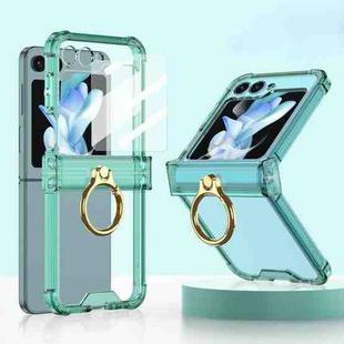 For Samsung Galaxy Z Flip5 Gkk Airbag Hinge Silicone Phone Case with Ring Holder & Tempered Film(Transparent Green)