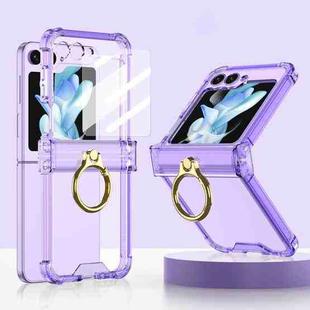 For Samsung Galaxy Z Flip5 Gkk Airbag Hinge Silicone Phone Case with Ring Holder & Tempered Film(Transparent Purple)