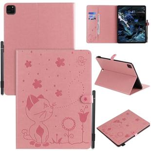 For iPad Pro 12.9 (2020) & (2018) Cat Bee Embossing Pattern Horizontal Flip Leather Tablet Case with Holder & Card Slots & Wallet & Pen Slot(Pink)
