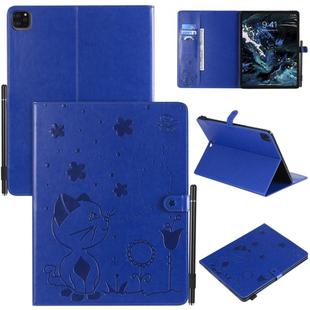 For iPad Pro 12.9 (2020) & (2018) Cat Bee Embossing Pattern Horizontal Flip Leather Tablet Case with Holder & Card Slots & Wallet & Pen Slot(Blue)