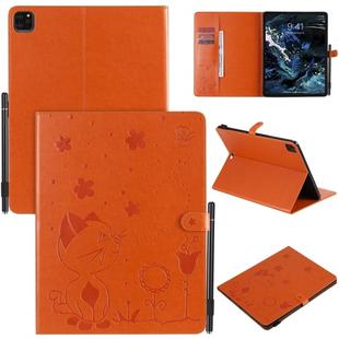 For iPad Pro 12.9 (2020) & (2018) Cat Bee Embossing Pattern Horizontal Flip Leather Tablet Case with Holder & Card Slots & Wallet & Pen Slot(Orange)