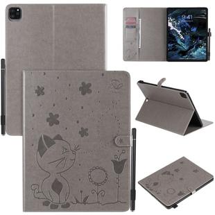 For iPad Pro 12.9 (2020) & (2018) Cat Bee Embossing Pattern Horizontal Flip Leather Tablet Case with Holder & Card Slots & Wallet & Pen Slot(Grey)