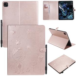 For iPad Pro 12.9 (2020) & (2018) Cat Bee Embossing Pattern Horizontal Flip Leather Tablet Case with Holder & Card Slots & Wallet & Pen Slot(Rose Gold)